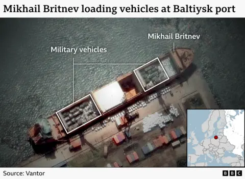 Military vehicles being loaded onto the Mikhail Britnev in Russia's Baltiysk port. 