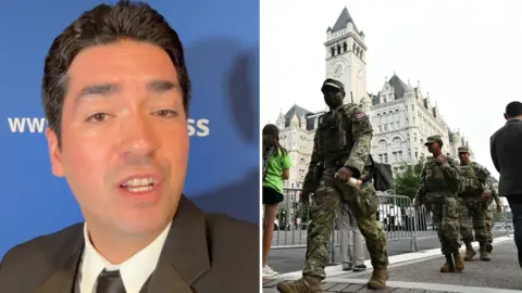 A composite shows on the left Bernd Debusman Jr speaking to camera, and on the right, National Guard security outside the Whaldorf Hotel in Washington DC on 24 July.