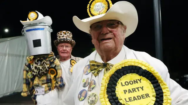 Leader of the Loony Party arrives at the Clacton by-election count in Clacton-on-Sea, Britain, 14 August 2026