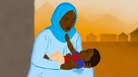 An illustration showing a woman with a blue headscarf and robe holding a baby boy