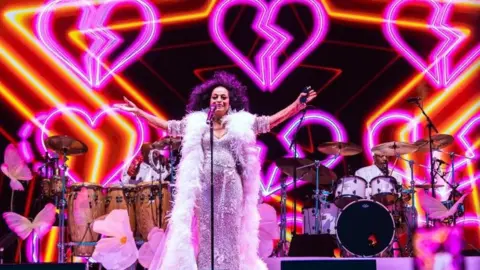 Raphael Pour-Hashemi Singer Diana Ross on stage a silver glittery gown and white feather boa.