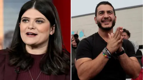 Reuters A split image showing Stevens, with her long dark hair down and a maroon sweater, and El-Sayed, in a fitted black T-shirt and his hands together, with beaded bracelets on one wrist and a watch on the other, and with a close-cropped beard and mustache. 