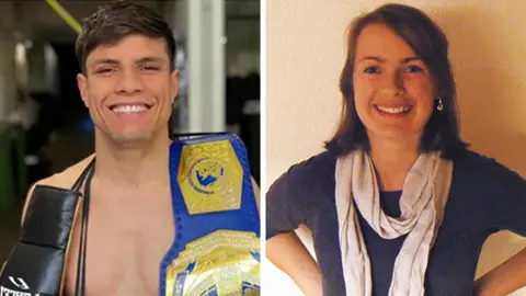 BBC Man with boxer belt over shoulder and woman in blue top looking at camera