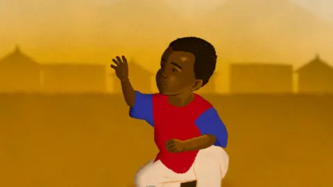 BBC An illustration showing a child sitting on the ground outside in a blue and red T-shirt stretching out his hand
