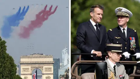 The flyover and Macron on parade in a composite image
