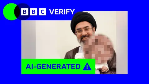An AI-generated image of Mojtaba Khamenei, Iran's Supreme Leader, holding a baby. The baby's face is pixelated. There is blue and green BBC Verify branding on the top left.
