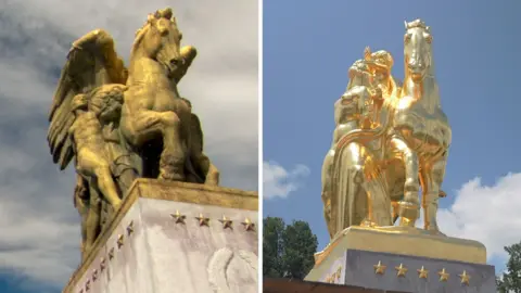 An archival photo of the Arts of War statue from 2013 on the left; and one from 2026 on the right.