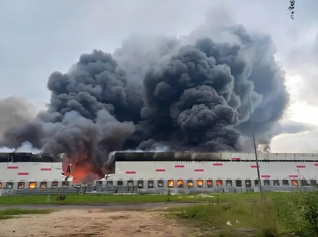 Smoke rises at a Wildberries logistics hub in the Ryazan region of Russia on 29 July
