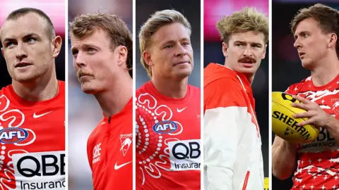 Getty Images Composite image, from left, shows: Chad Warner, Nick Blakey, Isaac Heeney, Riley Bice and James Jordon – the five Swans players who have been suspended.