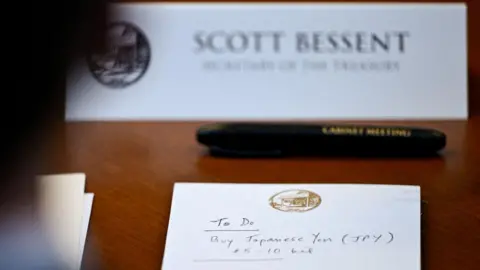 Reuters  A notepad in front of U.S. Secretary of the Treasury Scott Bessent reads "To Do Buy Japanese Yen $5-10 bil" as he participates in a cabinet meeting at Camp David, Maryland, U.S., July 31, 2026.