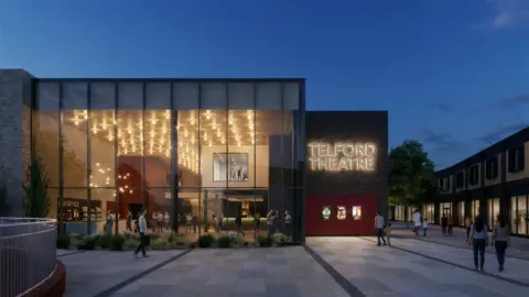Telford and Wrekin Council An artist's drawing of a large glass-fronted building at night, with the entrance way illuminated and a large illuminated sign which reads Telford Theatre