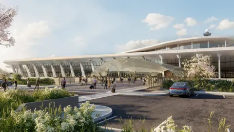 An AI generated image of Dulles airport with a car parked and greenery. 