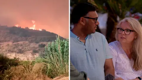 Composite image showing flames burning on hill on the left and couple sitting next to each other on the right