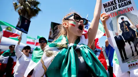 A woman wrapped in an Iranian flag raises her arm in the air and shouts. There are other people doing the same in teh background 