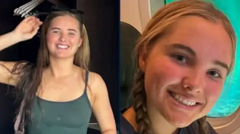 NSW Police A blonde woman in a green singlet is pictured in the left. On the right, the same woman is seen sitting on a plane, with her hair in two plaits.