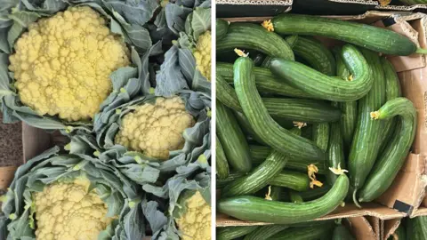 Oddbox On the left, yellow cauliflower heads, and on the right, bent cucumbers.
