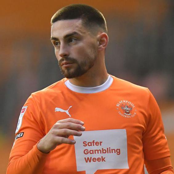 Owen Dale pictured in a Blackpool F.C. strip after returning to the club in 2023