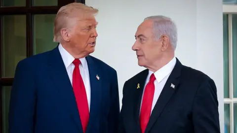 Getty Images Donald Trump greets Israeli Prime Minister Benjamin Netanyahu as he arrives at the White House.