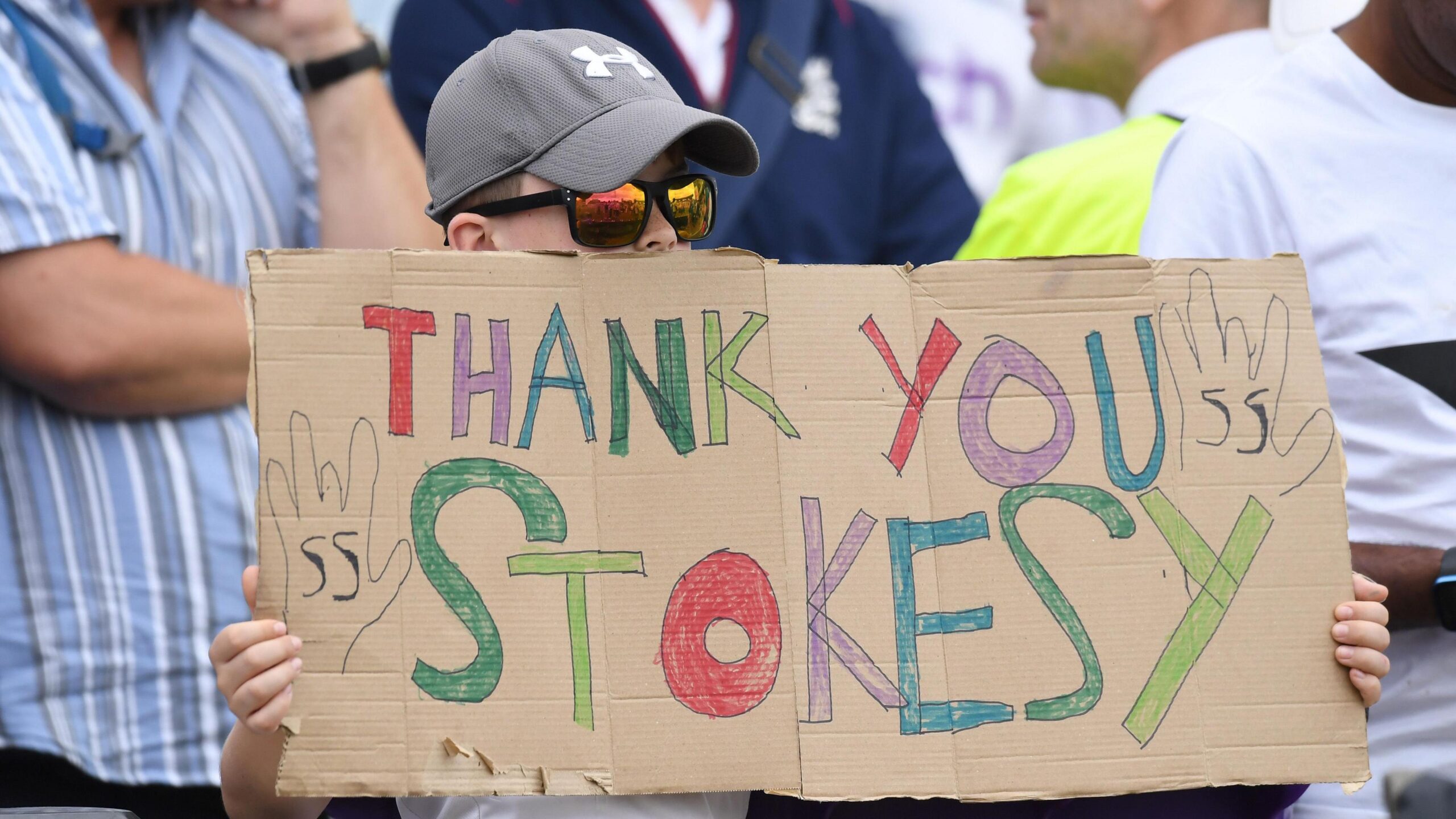 A young England fan at Trent Bridge holds up a sign that says: 'Thank You Stokesy'