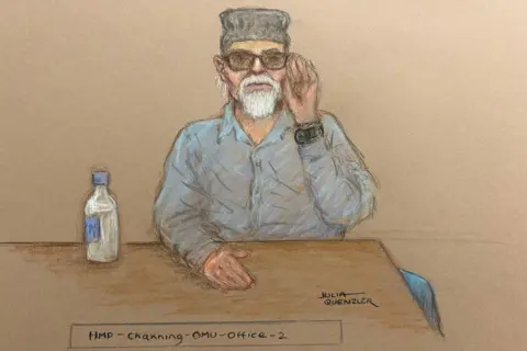 Julia Quenzler A court sketch of Paul Gadd (aka Gary Glitter) appearing via video link at Westminster Magistrates' Court, central London, where he is charged with sex offences against a girl dating back to 1978.
