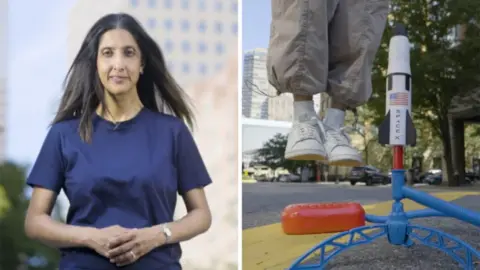 BBC's Samira Hussain on the left and a toy rocket on the right.