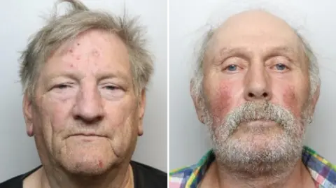 South Yorkshire Police A side-by-side composite containing two head-and-shoulders portrait photographs against a plain light grey background.
On the left side, Wright is facing directly toward the camera. He has short, light-coloured hair that appears slightly tousled. Several small red marks are visible on the forehead, and another red mark is visible on the chin. The eyes are partially open, and the face is evenly lit. He is wearing a dark-coloured top, of which only the upper neckline and shoulders are visible.

On the right side, Schwalbe is also facing directly toward the camera. He has very little hair on the top of the head, with some light-coloured hair remaining around the sides. A full white beard and moustache cover the lower face. He is wearing a multi-coloured plaid shirt with green, blue, yellow, and purple tones visible near the collar and shoulders.