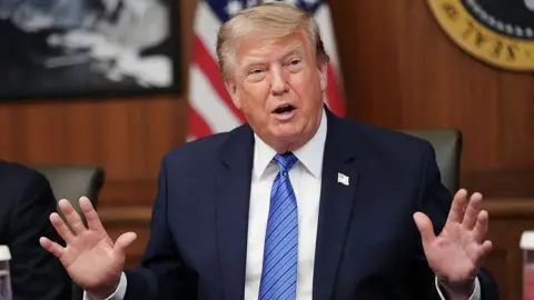 AFP via Getty Images US President Donald Trump raises both his hands while speaking during a Cabinet meeting at Camp David in Maryland on 31 July 

