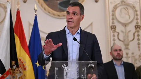 Moncloa Spanish Prime Minister Pedro Sanchez as he speaks at a press conference in Ceuta
