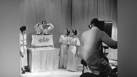 Black and white image from 1936 - a contortionist performs while three assistants look on. A large camera on a track is in vision. 