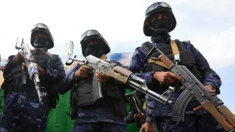 EPA File photo showing Houthi security forces during a rally in Sanaa, Yemen (17 July 2026