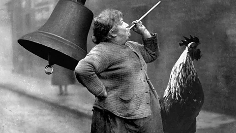 BBC/ Alamy/ Getty Images A collage featuring a bell being rung by a hand, the famous knocker upper Mary Smith holding a peashooter to her mouth, and a rooster (Credit: BBC/ Alamy/ Getty Images)