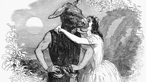 Alamy Black and white illustration of Bottom with a donkey's head and Titania embracing him from Midsummer Night's Dream (Image credit: Alamy)