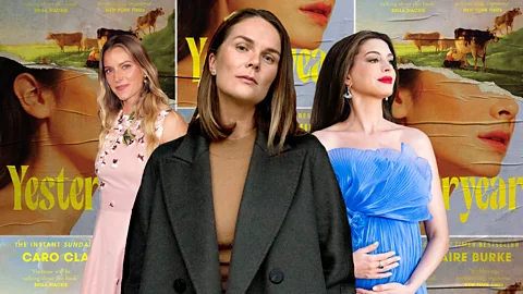 Getty Images/ Harper Collins A composite of Hannah Neeleman, Caro Claire Burke and Anne Hathaway, with the cover of Yesteryear repeated in the background (Credit: Getty Images/ Harper Collins)